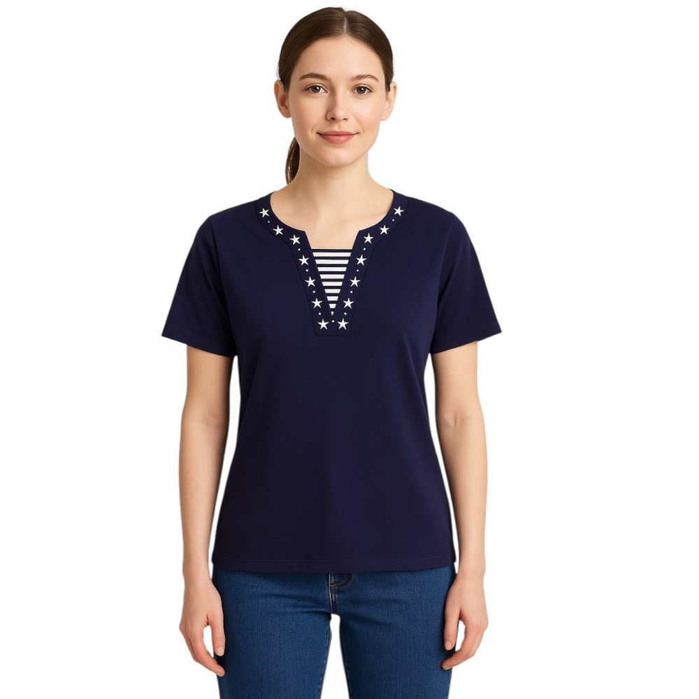 Cathy Daniels Navy Short Sleeve Americana Tee Shirt Size Large